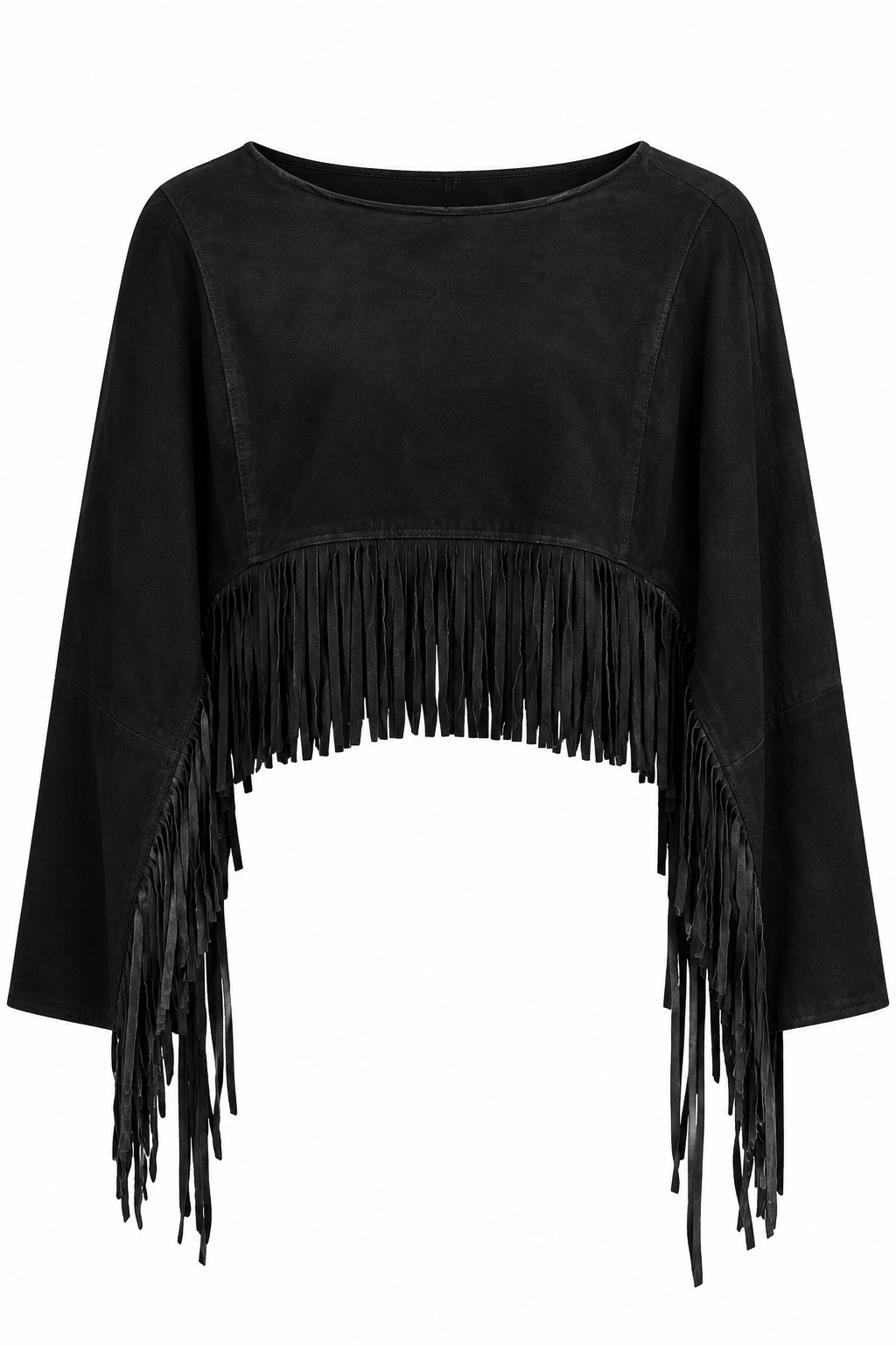 Trestles Clothing Company black genuine leather poncho featuring long sleeves and dramatic fringe detail.